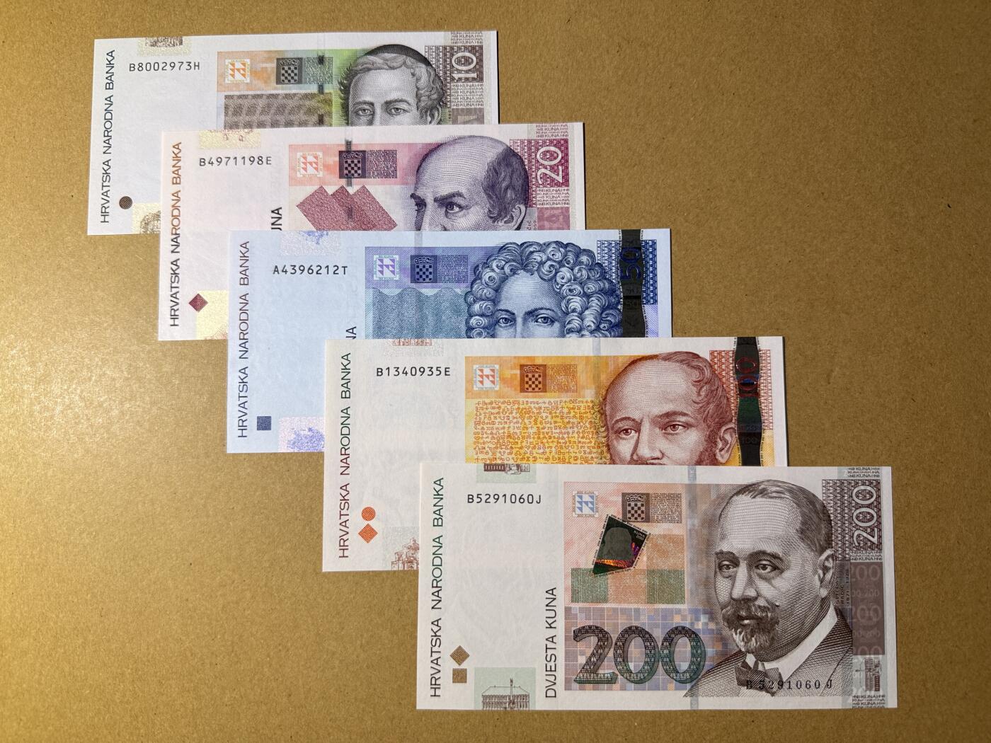 《艾美收藏》第218期-11.2周日外币荟萃 克罗地亚10、20、50、100、200库纳5张 UNC 2012年 原票绝品