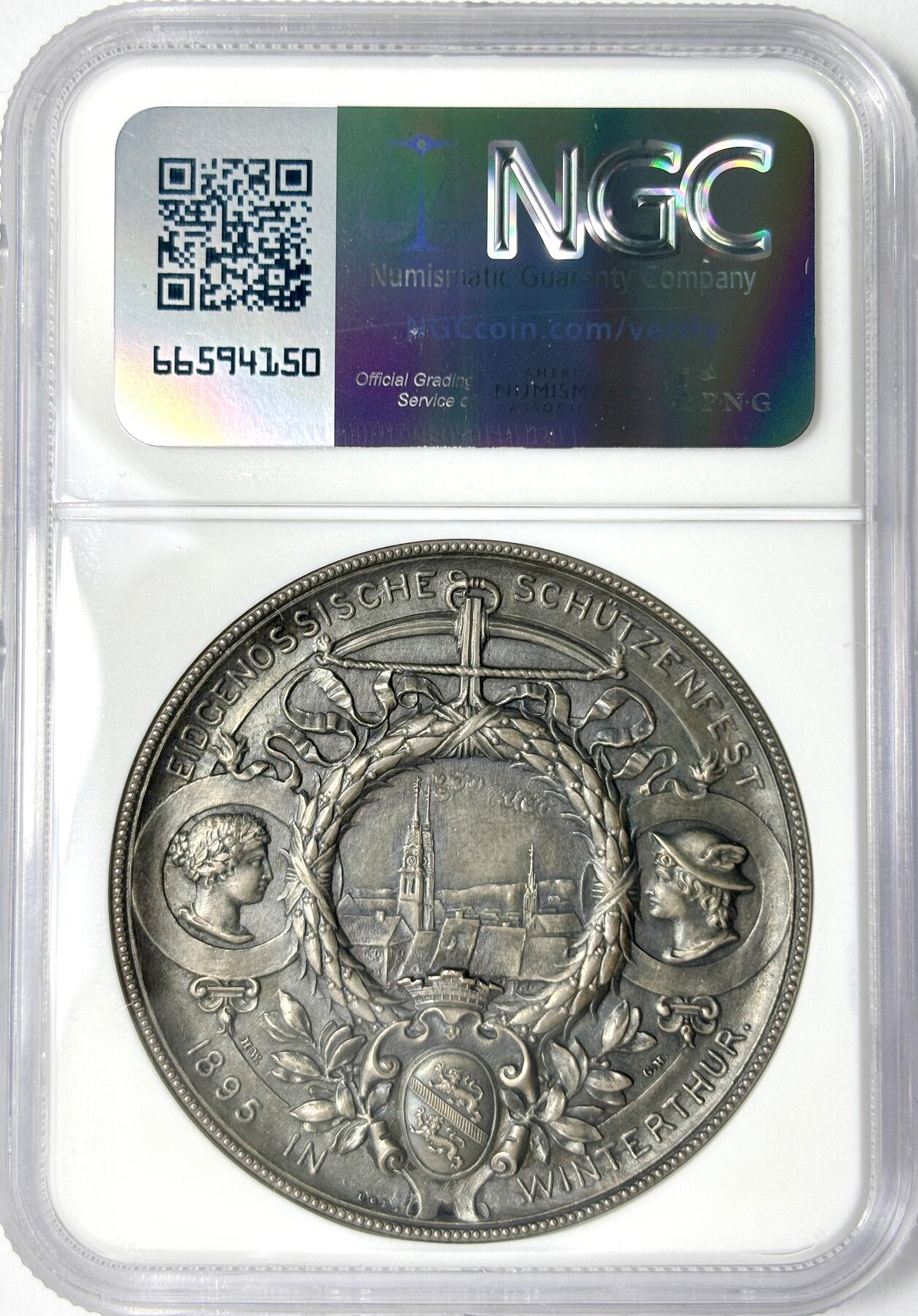 【雨安】【世界币章112-113期】周五/周六 两场连拍 2025-11-01 周六 19:30 保真 8秒倒数自动落锤 高效拍卖 [章] Switzerland 章 瑞士 1895年 射击节 苏黎世 Zurich-Winterthur 银章 NGC-MS62