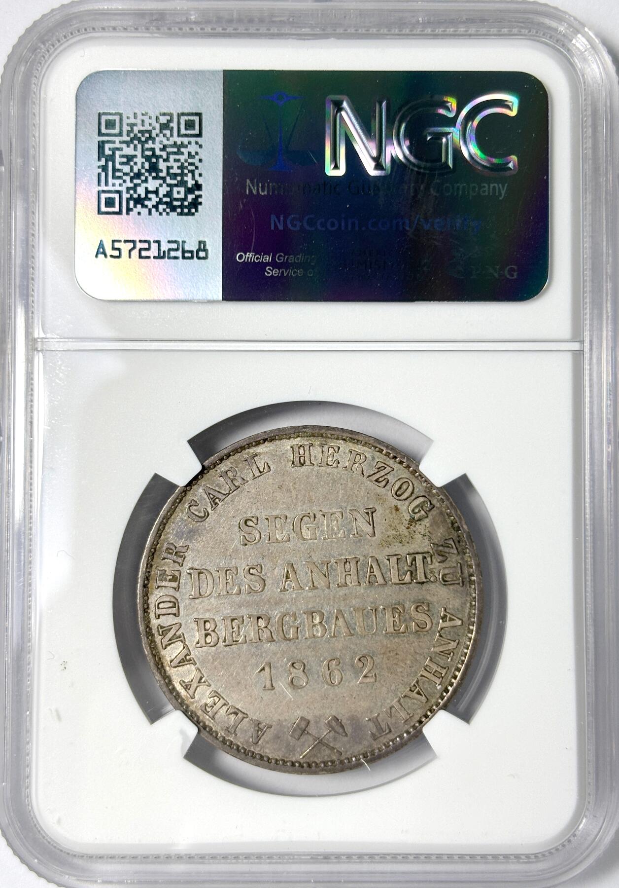 【雨安】【世界币章112-113期】周五/周六 两场连拍 2025-11-01 周六 19:30 保真 8秒倒数自动落锤 高效拍卖 [评级德国] Germany 德国 德意志 1泰勒 Anhalt-Bernburg安哈特 Thun.006 KM#0088 (1861-1862) 小熊爬墙.小版 1862年 NGC-AU55 均匀淡美包浆