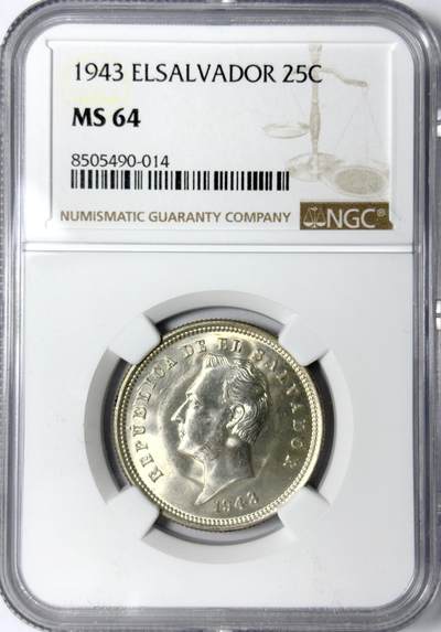 【雨安】【世界币章112-113期】周五/周六 两场连拍 2025-11-01 周六 19:30 保真 8秒倒数自动落锤 高效拍卖 - [评级美洲] Elsalvador 萨尔瓦多 25分 1943年 NGC-MS64