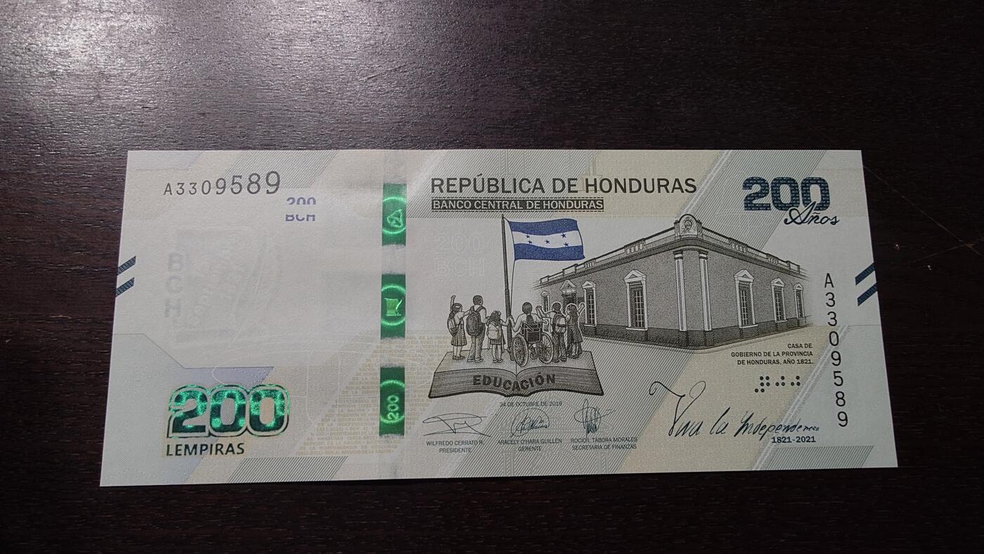 世界钱币～微拍第212期暨2025年第52期  部分库存清仓选号 2021年洪都拉斯200伦皮拉 纪念钞全新绝品无47尾号589