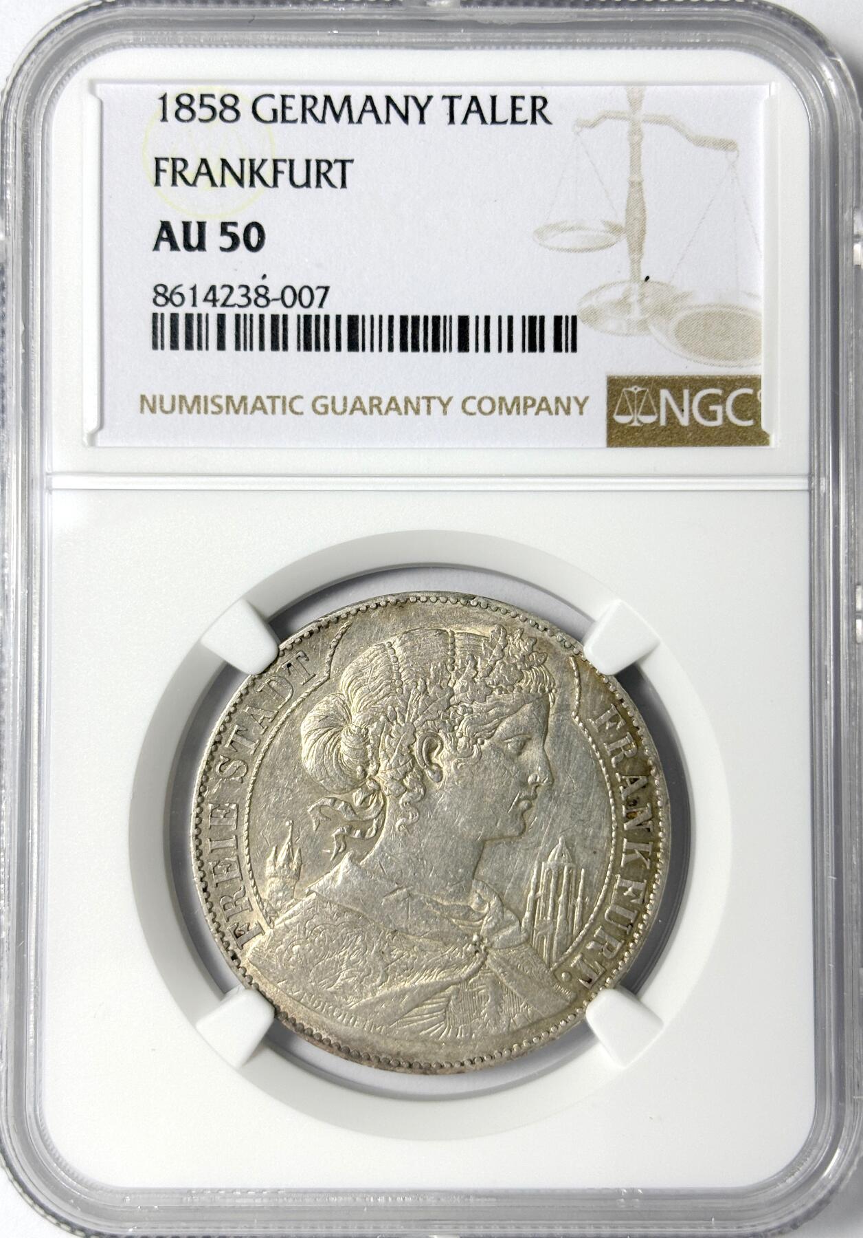 【雨安】【世界币章112-113期】周五/周六 两场连拍 2025-11-01 周六 19:30 保真 8秒倒数自动落锤 高效拍卖 [评级德国] Germany 德国 德意志 1泰勒 Frankfurt法兰克福 Thun.141 KM#0354 (1857-1858) 法兰克福少女.教堂 1858年 NGC-AU50