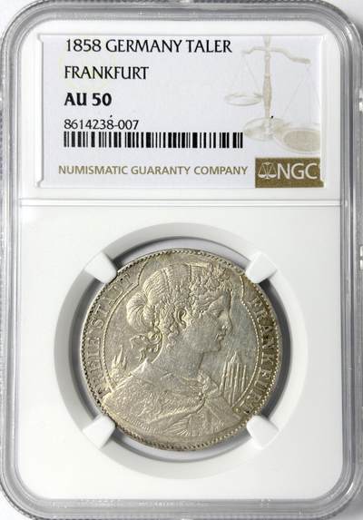 【雨安】【世界币章112-113期】周五/周六 两场连拍 2025-11-01 周六 19:30 保真 8秒倒数自动落锤 高效拍卖 - [评级德国] Germany 德国 德意志 1泰勒 Frankfurt法兰克福 Thun.141 KM#0354 (1857-1858) 法兰克福少女.教堂 1858年 NGC-AU50