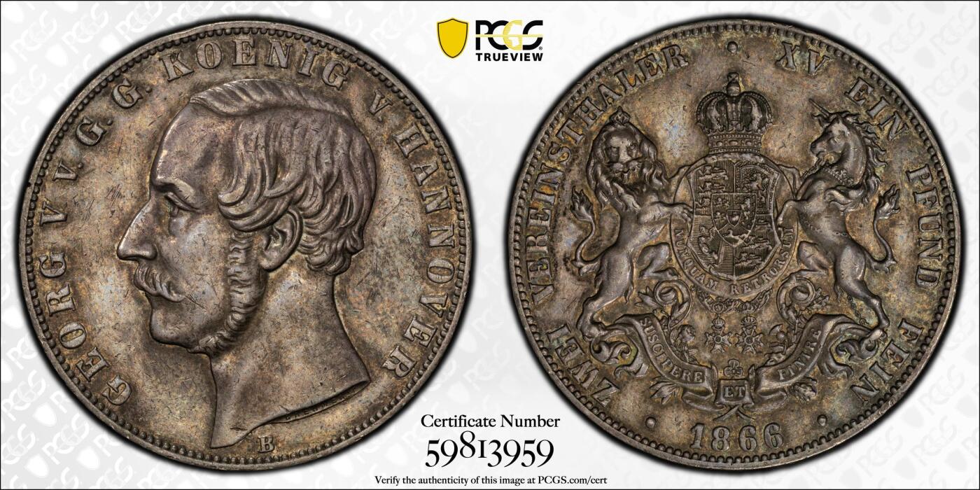 博洋堂世界钱币拍卖第144期（全场包邮） PCGS XF45 德国汉诺威1866年狮马流通2泰勒大银币