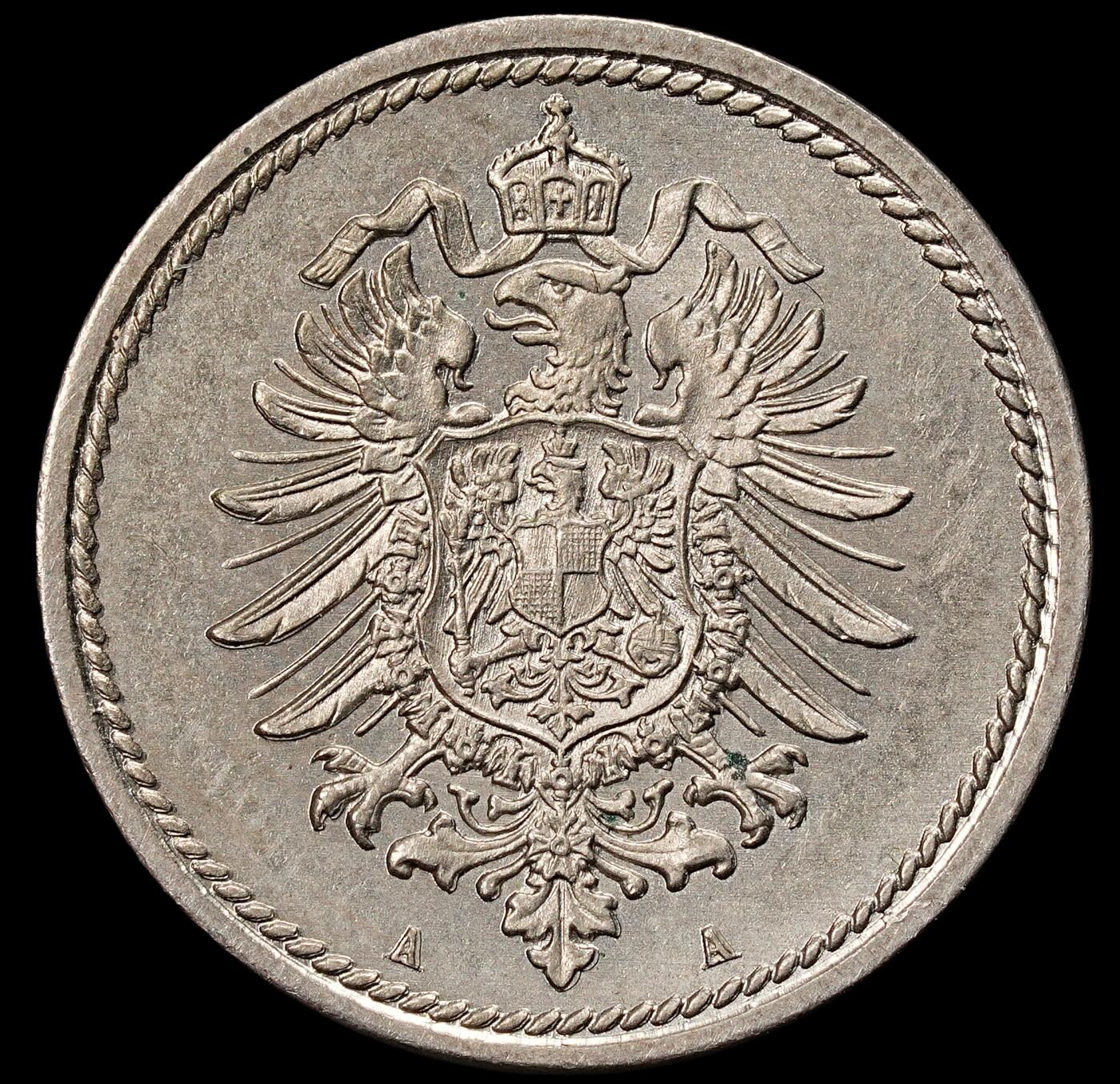 修遠堂世界钱币第九十一期 1874年德国5芬尼 A厂铭 带光