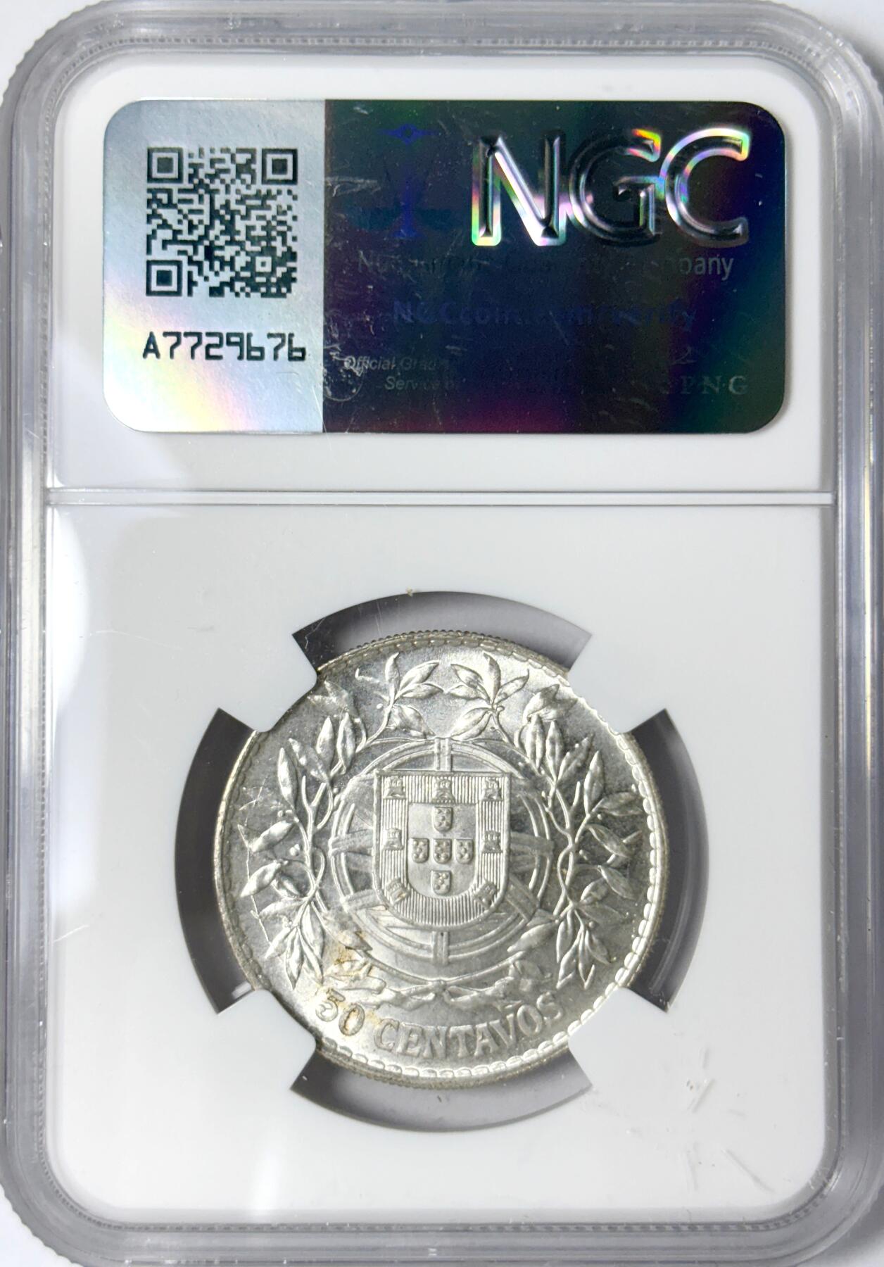 【雨安】【世界币章112-113期】周五/周六 两场连拍 2025-11-01 周六 19:30 保真 8秒倒数自动落锤 高效拍卖 [评级欧洲] Portugal 葡萄牙 共和国 50分 1916年 NGC-MS63