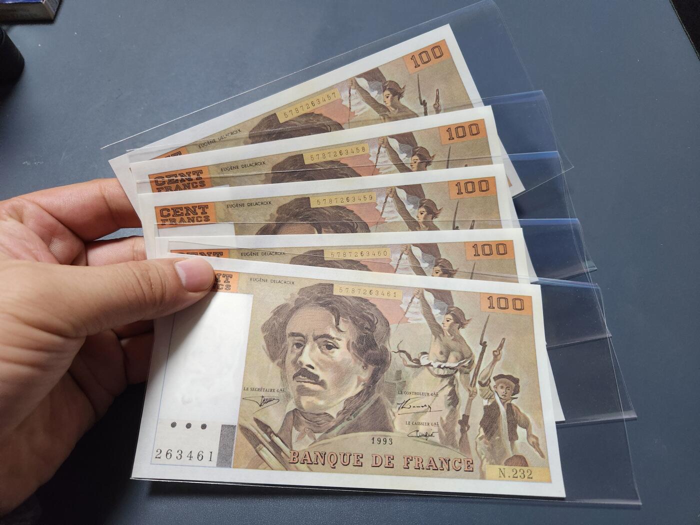 11月1号晚上8点 外国纸币自动截拍第50场 法国1993年100法郎 5连号 无折有黄斑