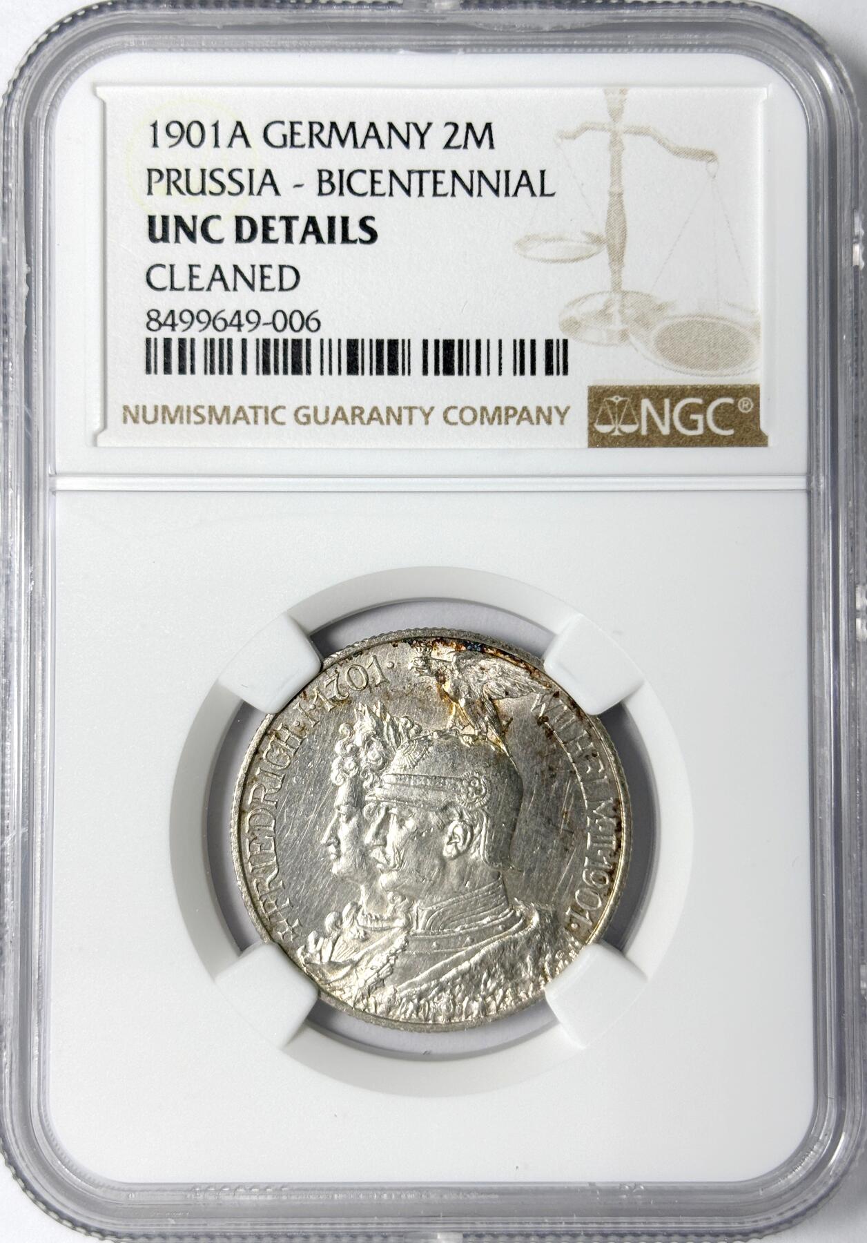 【雨安】【世界币章112-113期】周五/周六 两场连拍 2025-11-01 周六 19:30 保真 8秒倒数自动落锤 高效拍卖 [评级德国] Germany 德国 帝国 J.105 普鲁士 2马克 (1901) 建国 1901年 NGC-UNC