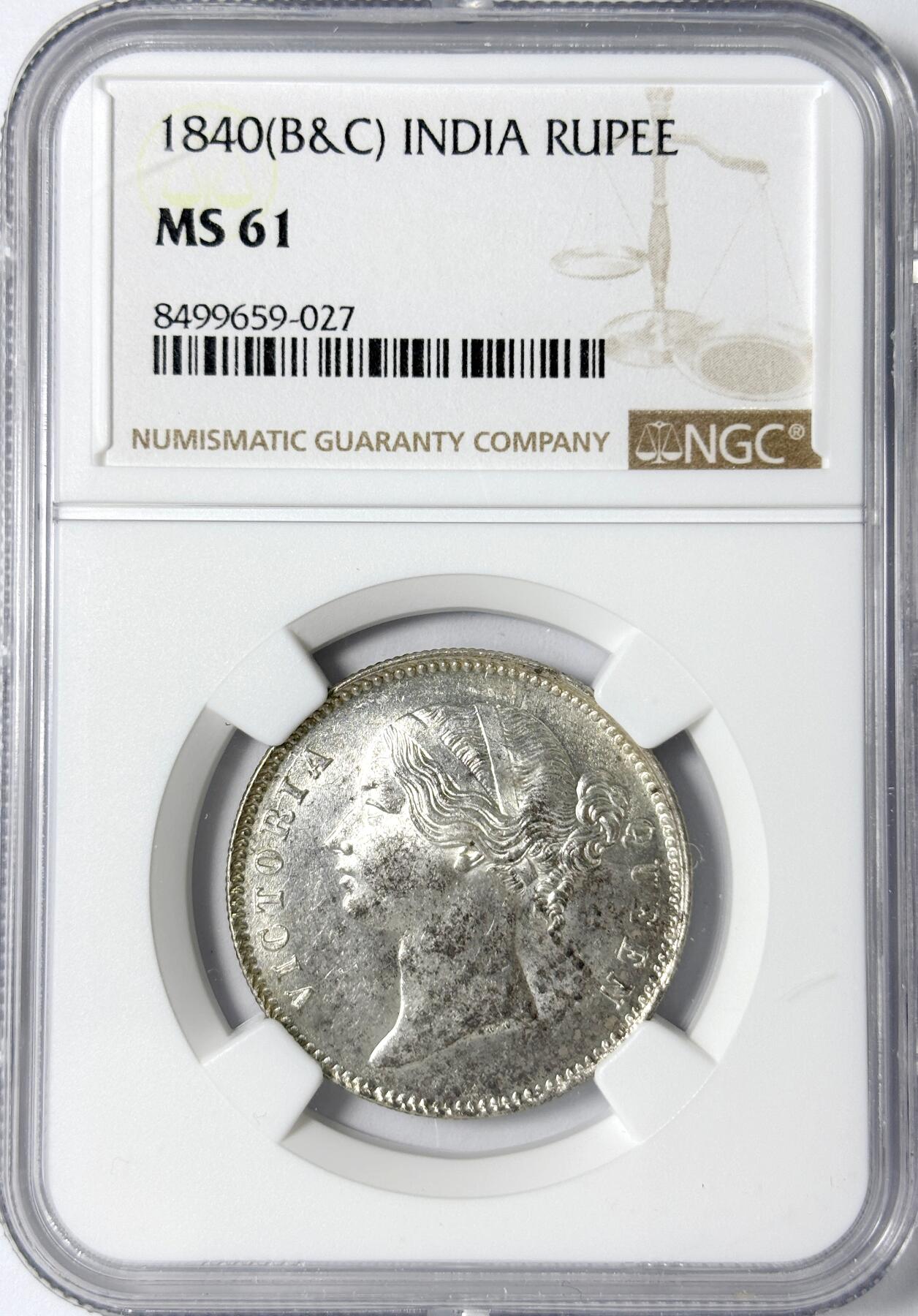 【雨安】【世界币章112-113期】周五/周六 两场连拍 2025-11-01 周六 19:30 保真 8秒倒数自动落锤 高效拍卖 [评级亚洲] India India 英属印度 1卢比 KM#0458 1840年 维多利亚 NGC-MS61