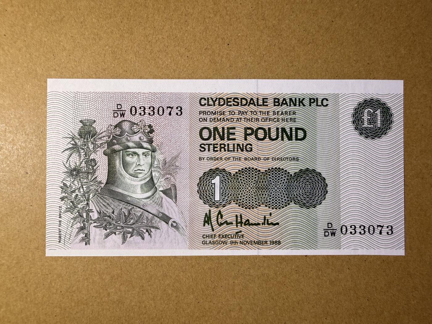 《艾美收藏》第218期-11.2周日外币荟萃 苏格兰1镑 UNC 1988年 克莱斯戴尔银行 无4