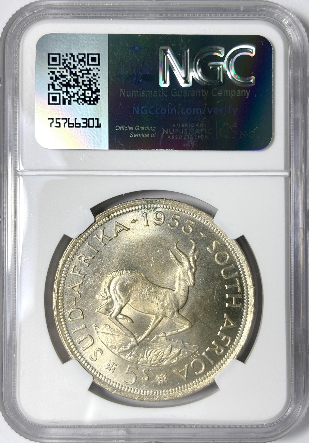 【雨安】【世界币章112-113期】周五/周六 两场连拍 2025-11-01 周六 19:30 保真 8秒倒数自动落锤 高效拍卖 [评级非洲] South Africa 南非 5先令 1953年 伊丽莎白二世 NGC-MS64