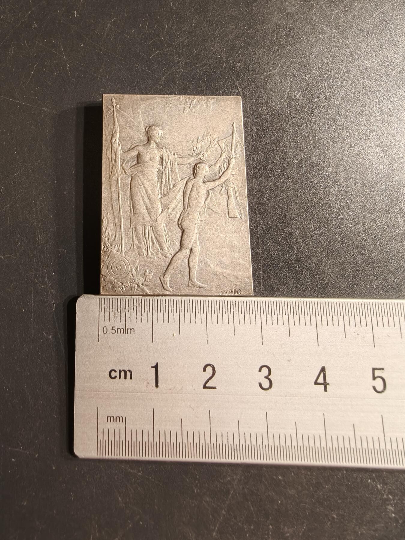 老王徽章第160期  法国射击联盟镀银方形大铜章      大师皮列作品     尺寸41×26mm.    重量24.5g.    