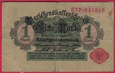 德国1914年(1917年)1马克 P-51 红号红印 背面绿色 实物图 八五品 - 德国1914年(1917年)1马克 P-51 红号红印 背面绿色 实物图 八五品