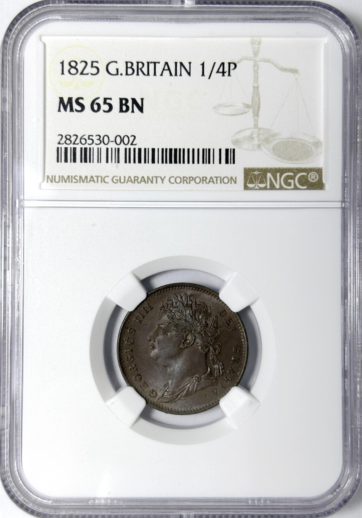 【雨安】【世界币章112-113期】周五/周六 两场连拍 2025-11-01 周六 19:30 保真 8秒倒数自动落锤 高效拍卖 [评级欧洲] Great Britain 英国 1/4便士 1825年 乔治四世 NGC-MS65