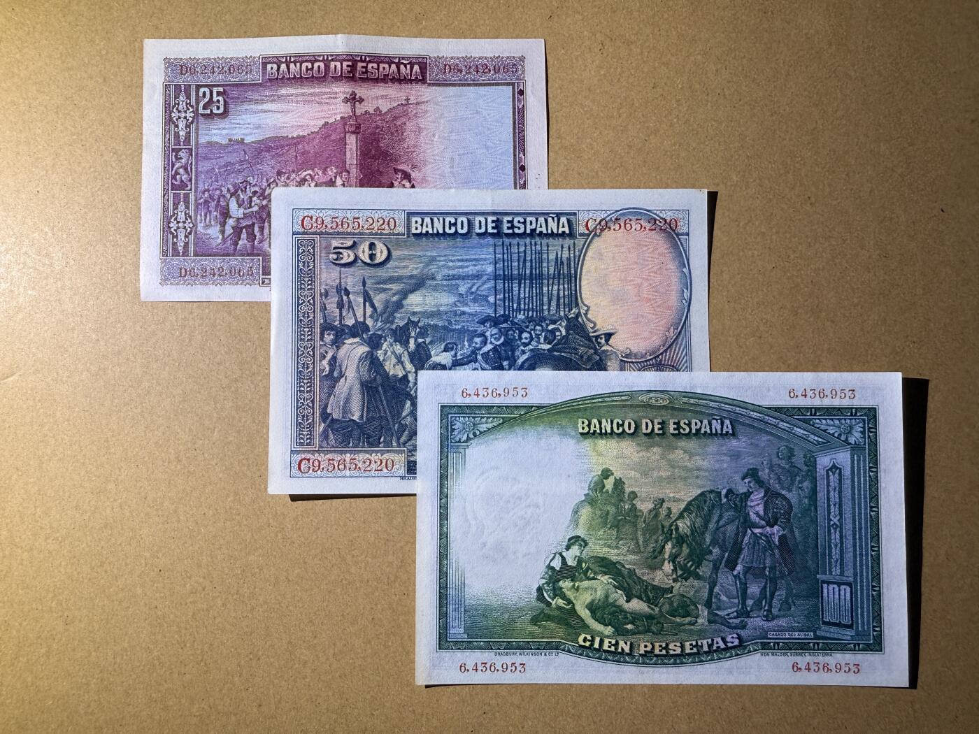 《艾美收藏》第218期-11.2周日外币荟萃 西班牙25、50、100比塞塔3张 AU 1928-31年老版本