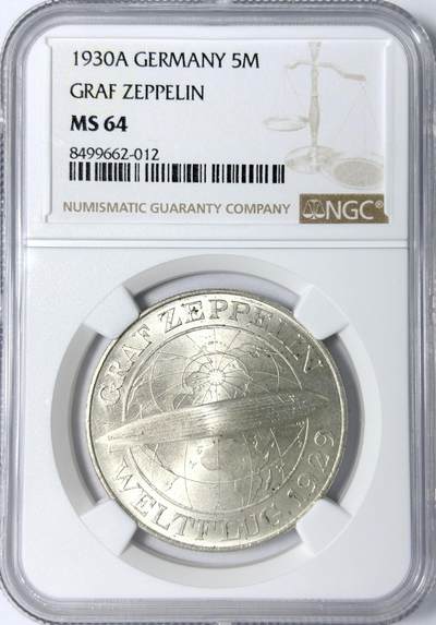 【雨安】【世界币章112-113期】周五/周六 两场连拍 2025-11-01 周六 19:30 保真 8秒倒数自动落锤 高效拍卖 - [评级德国] Germany 德国 魏玛 5马克 KM#68 飞艇 1930年 NGC-MS64