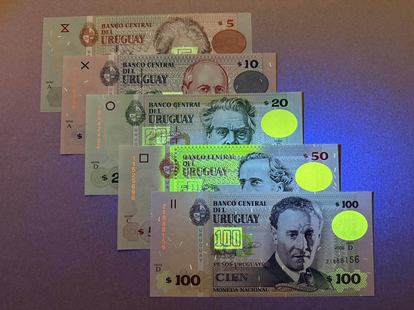 《艾美收藏》第218期-11.2周日外币荟萃 乌拉圭5、10、20、50、100比索5张 UNC 2000年版本