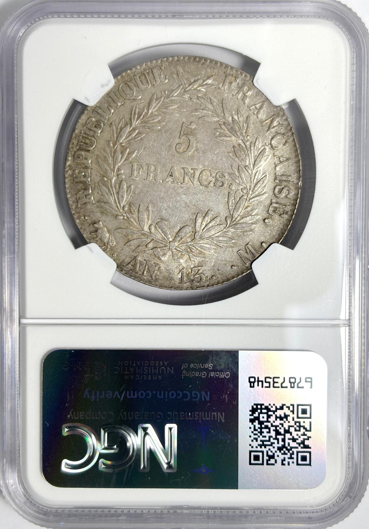 【雨安】【世界币章112-113期】周五/周六 两场连拍 2025-11-01 周六 19:30 保真 8秒倒数自动落锤 高效拍卖 [评级法国] France 法国 5法郎 AN13 拿破仑一世 NGC-AU58 均匀淡美包浆 少见版