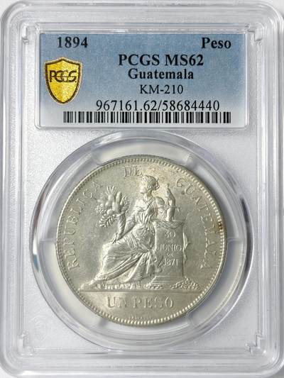 【雨安】【世界币章112-113期】周五/周六 两场连拍 2025-11-01 周六 19:30 保真 8秒倒数自动落锤 高效拍卖 - [评级美洲] Guatemala 危地马拉 1比索 KM#0210 (1894-1897) 1894年 PCGS-MS62