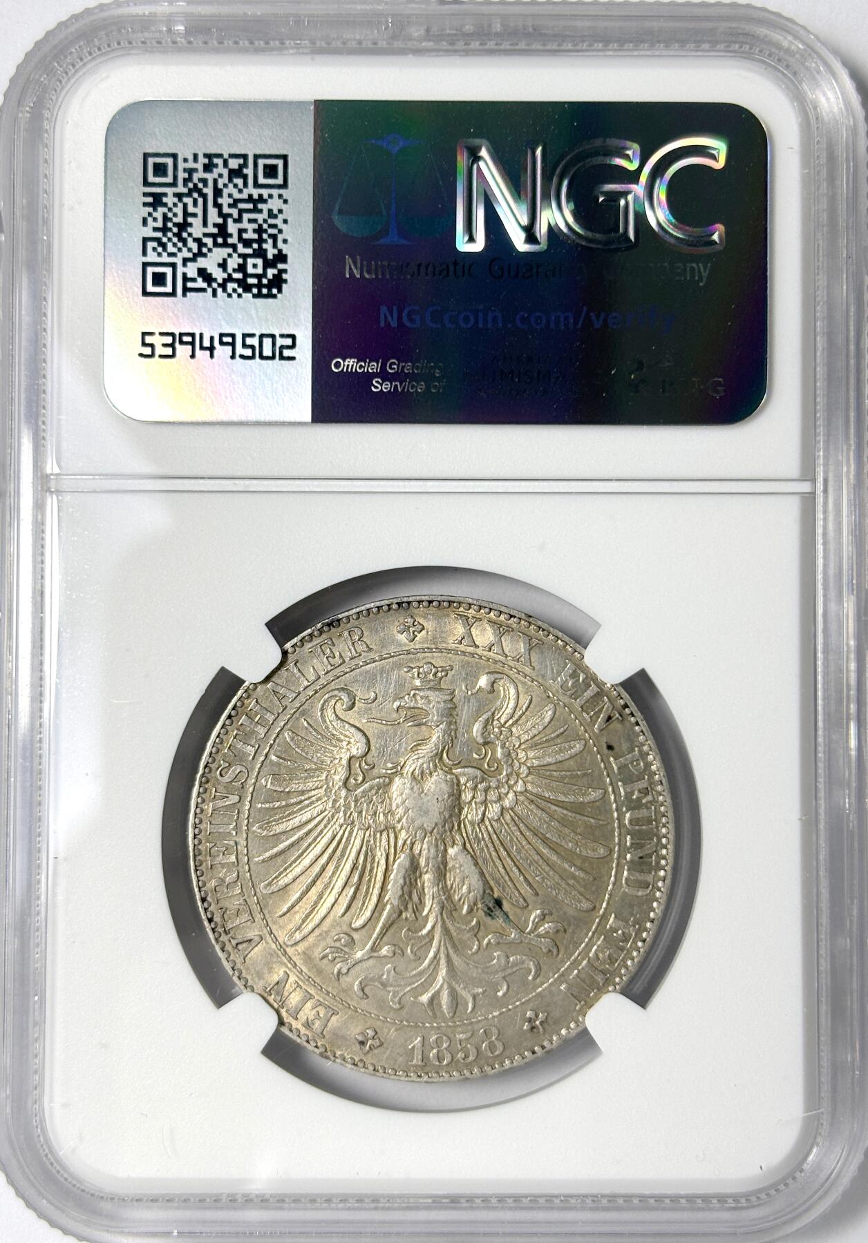 【雨安】【世界币章112-113期】周五/周六 两场连拍 2025-11-01 周六 19:30 保真 8秒倒数自动落锤 高效拍卖 [评级德国] Germany 德国 德意志 1泰勒 Frankfurt法兰克福 Thun.141 KM#0354 (1857-1858) 法兰克福少女.教堂 1858年 NGC-AU50