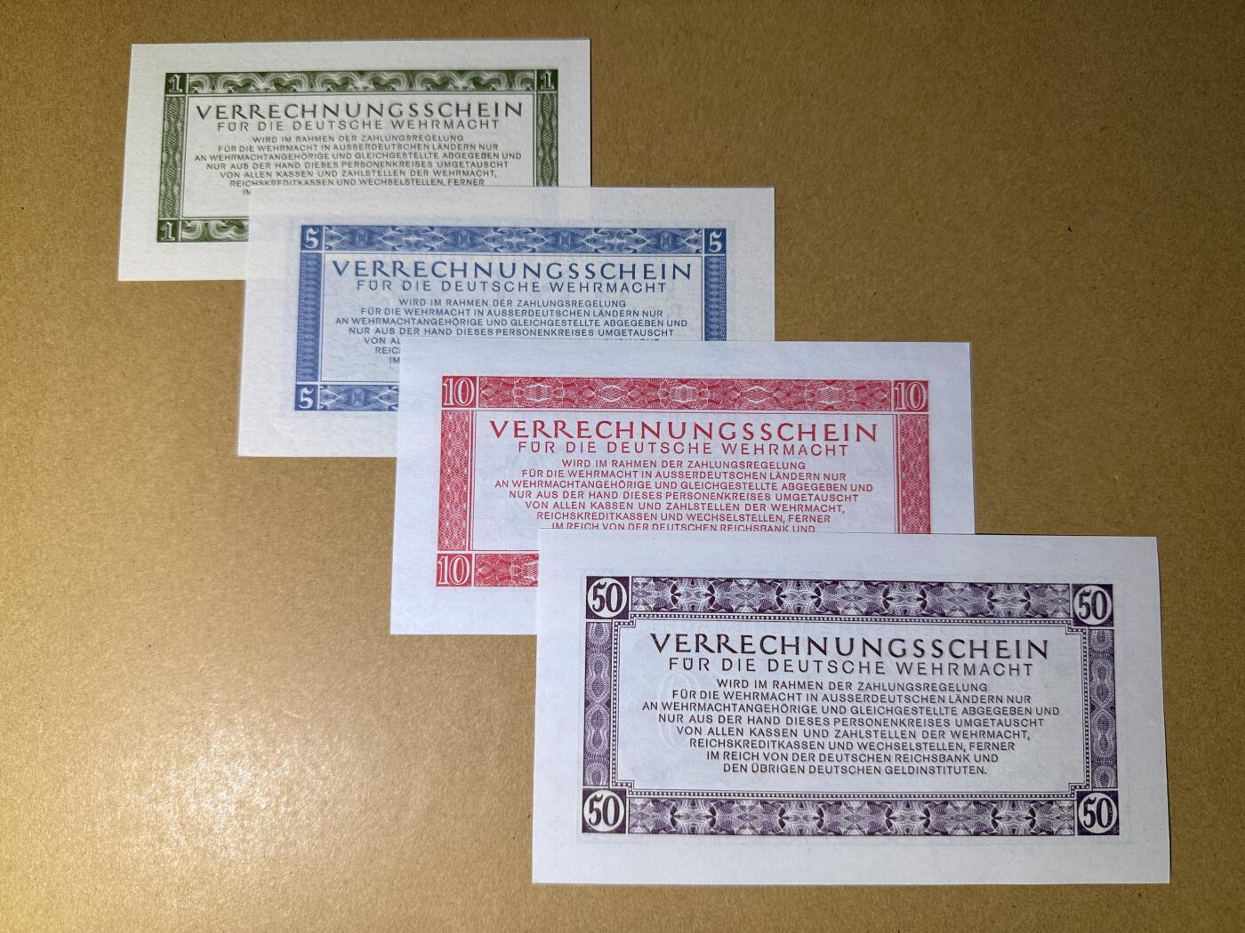 《艾美收藏》第218期-11.2周日外币荟萃 德国1、5、10、50马克4张 UNC 1944年 德国国防军帝国马克