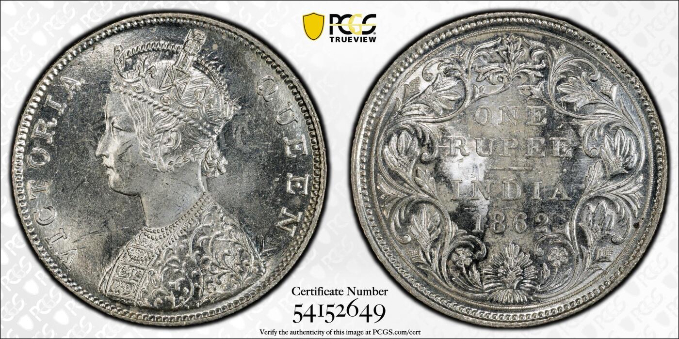 博洋堂世界钱币拍卖第144期（全场包邮） PCGS MS63 英属印度1862年M厂维多利亚1卢比银币，非常少见的马德拉斯厂，亚军分数，仅有4枚更高分，盒子正面一小条裂纹