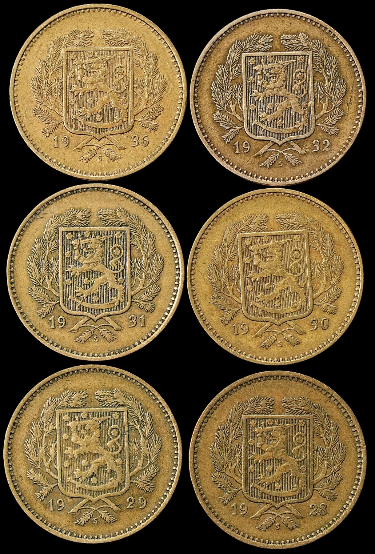 修遠堂世界钱币第九十一期 20-30年代芬兰10马克铜币一组 少见品种