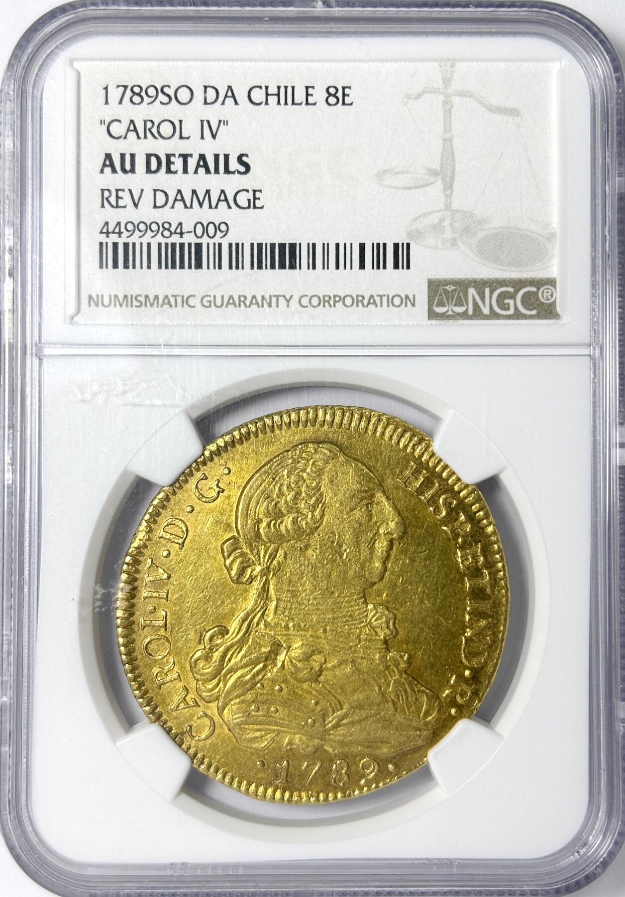 【雨安】【世界币章112-113期】周五/周六 两场连拍 2025-11-01 周六 19:30 保真 8秒倒数自动落锤 高效拍卖 [金币] Spanish Chile 西属智利 卡洛斯四世 8埃斯库多 1789年 稀少IV版 NGC-AU