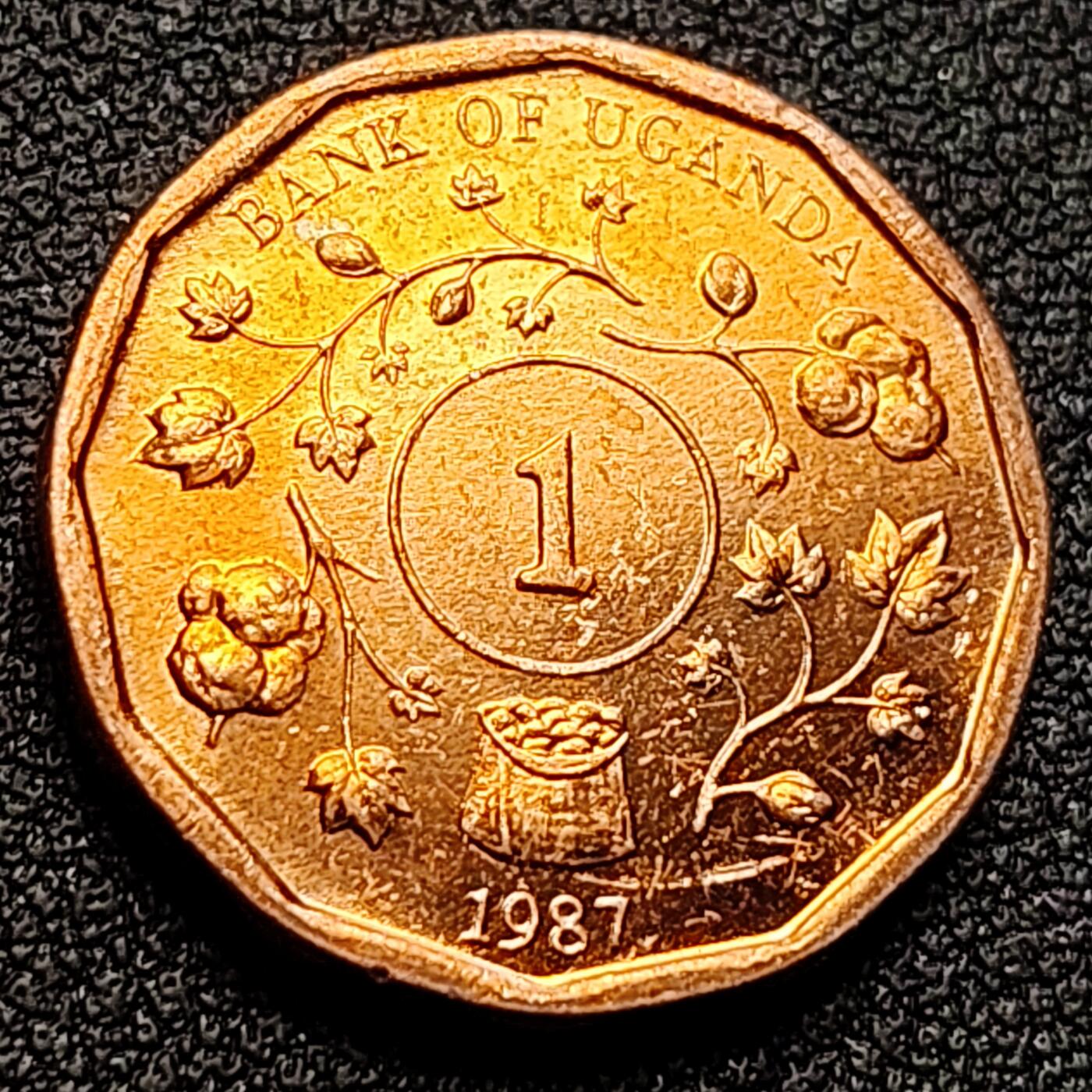 泉币菌-第122场-精品福利场 铜光美品 枝叶 乌干达1987年1先令钢镀铜硬币 19.87毫米 4.3克 铜钱纪念币