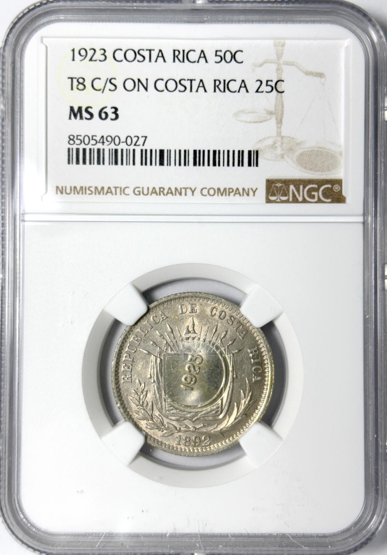 【雨安】【世界币章112-113期】周五/周六 两场连拍 2025-11-01 周六 19:30 保真 8秒倒数自动落锤 高效拍卖 [评级美洲] Costa Rica 哥斯达黎加 50分 1923年 NGC-MS63