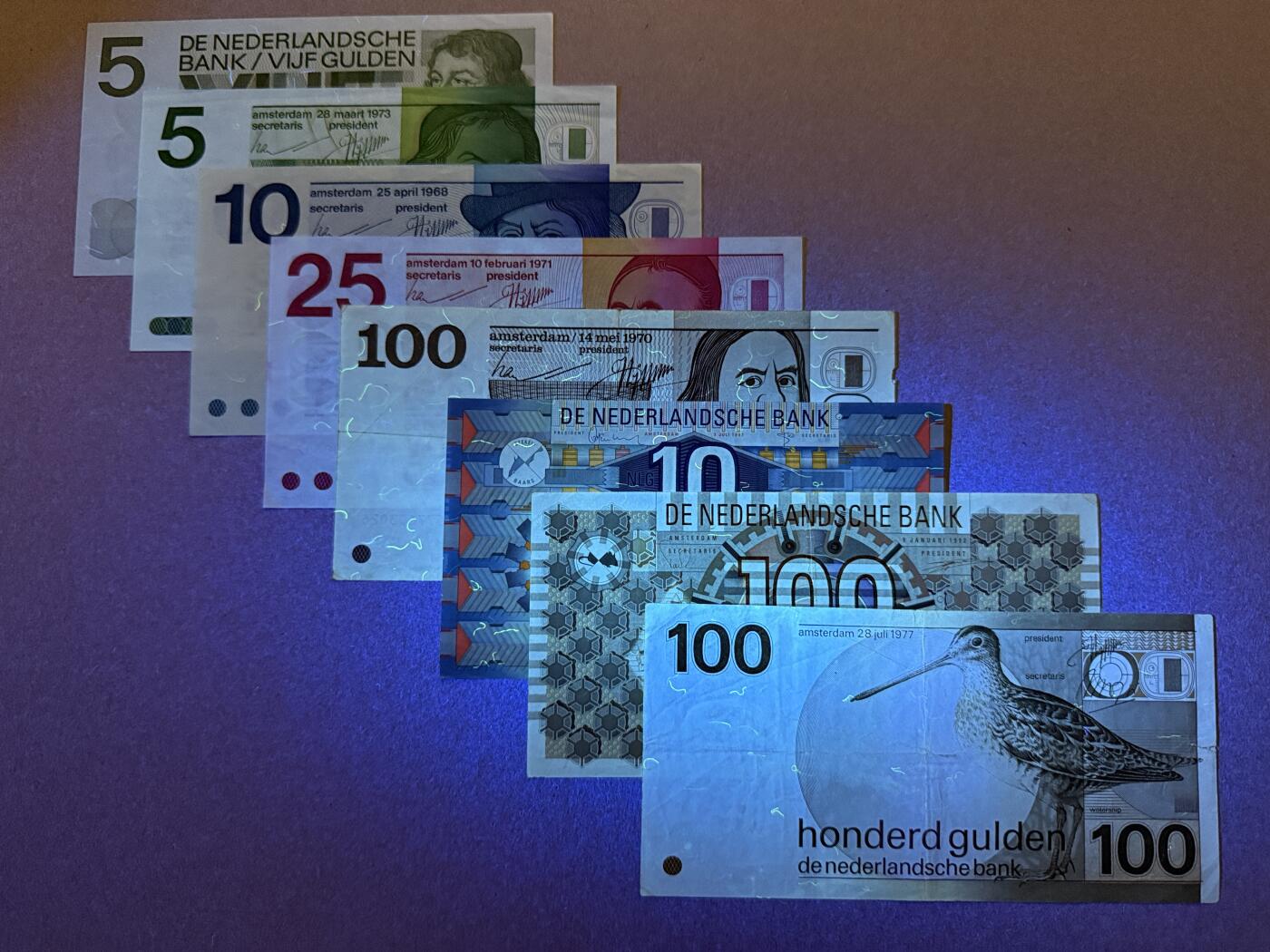 《艾美收藏》第218期-11.2周日外币荟萃 荷兰盾8张 人像、齿轮、水鸟 流通品相  汇率约人民币1500元