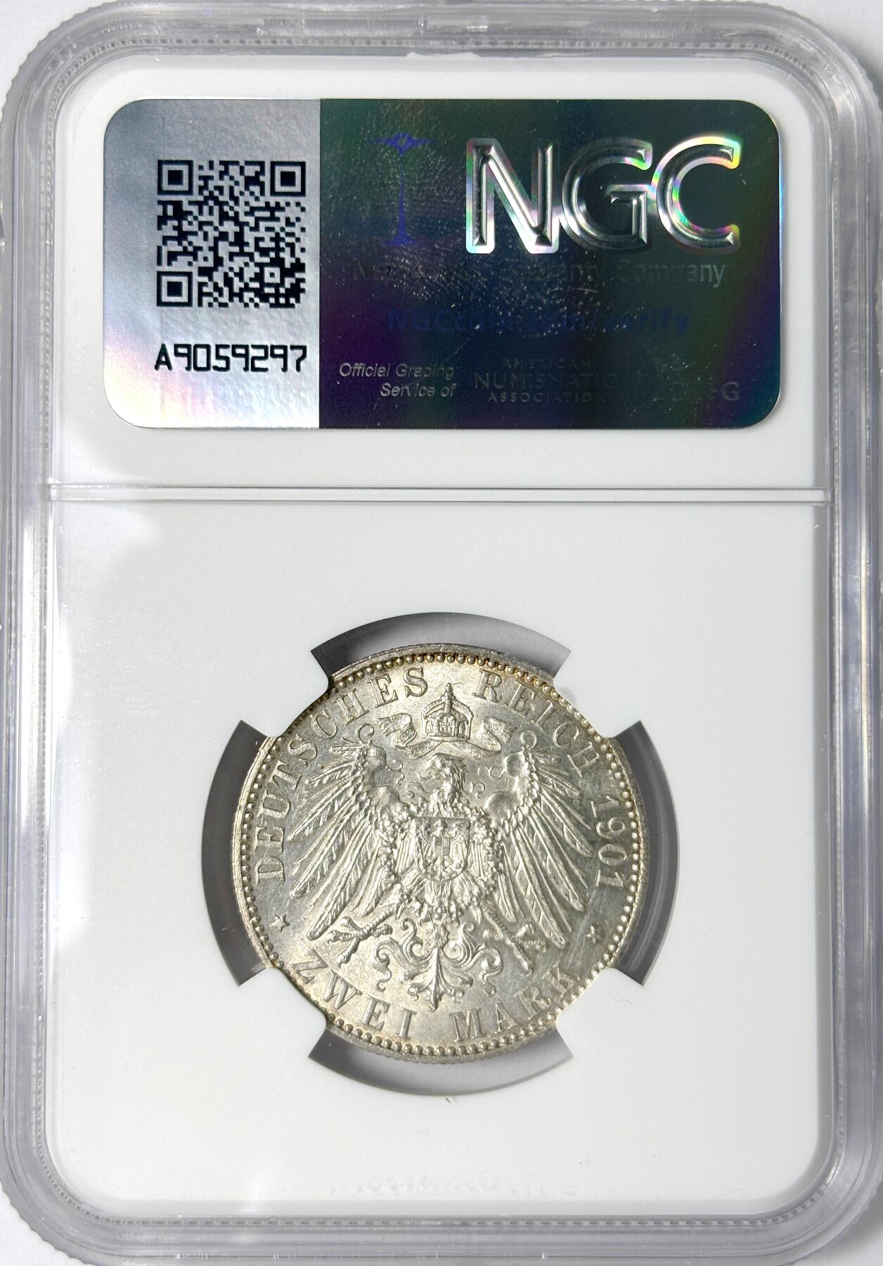 【雨安】【世界币章112-113期】周五/周六 两场连拍 2025-11-01 周六 19:30 保真 8秒倒数自动落锤 高效拍卖 [评级德国] Germany 德国 帝国 J.105 普鲁士 2马克 (1901) 建国 1901年 NGC-UNC