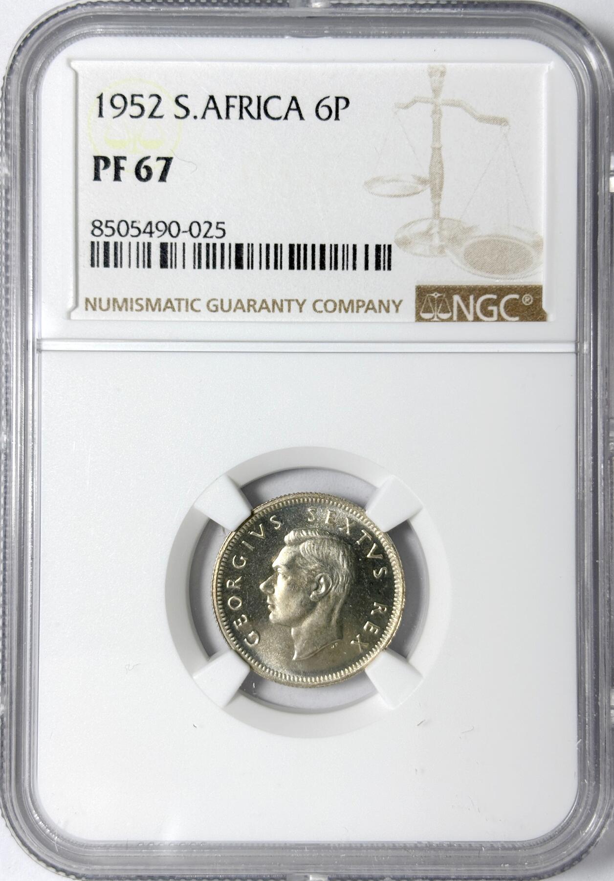【雨安】【世界币章112-113期】周五/周六 两场连拍 2025-11-01 周六 19:30 保真 8秒倒数自动落锤 高效拍卖 [评级非洲] South Africa 南非 6便士 1952年 乔治五世 精制 NGC-PF67