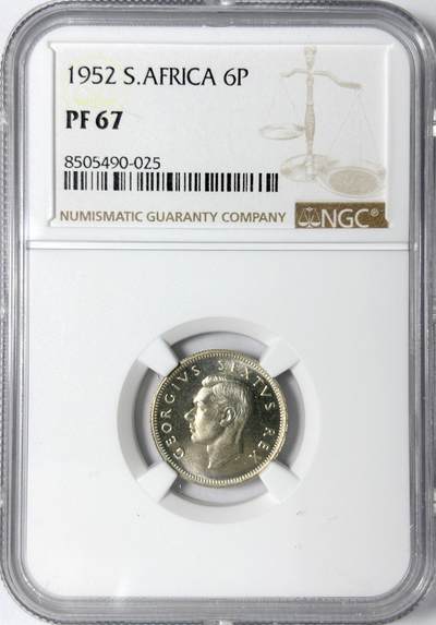 【雨安】【世界币章112-113期】周五/周六 两场连拍 2025-11-01 周六 19:30 保真 8秒倒数自动落锤 高效拍卖 - [评级非洲] South Africa 南非 6便士 1952年 乔治五世 精制 NGC-PF67