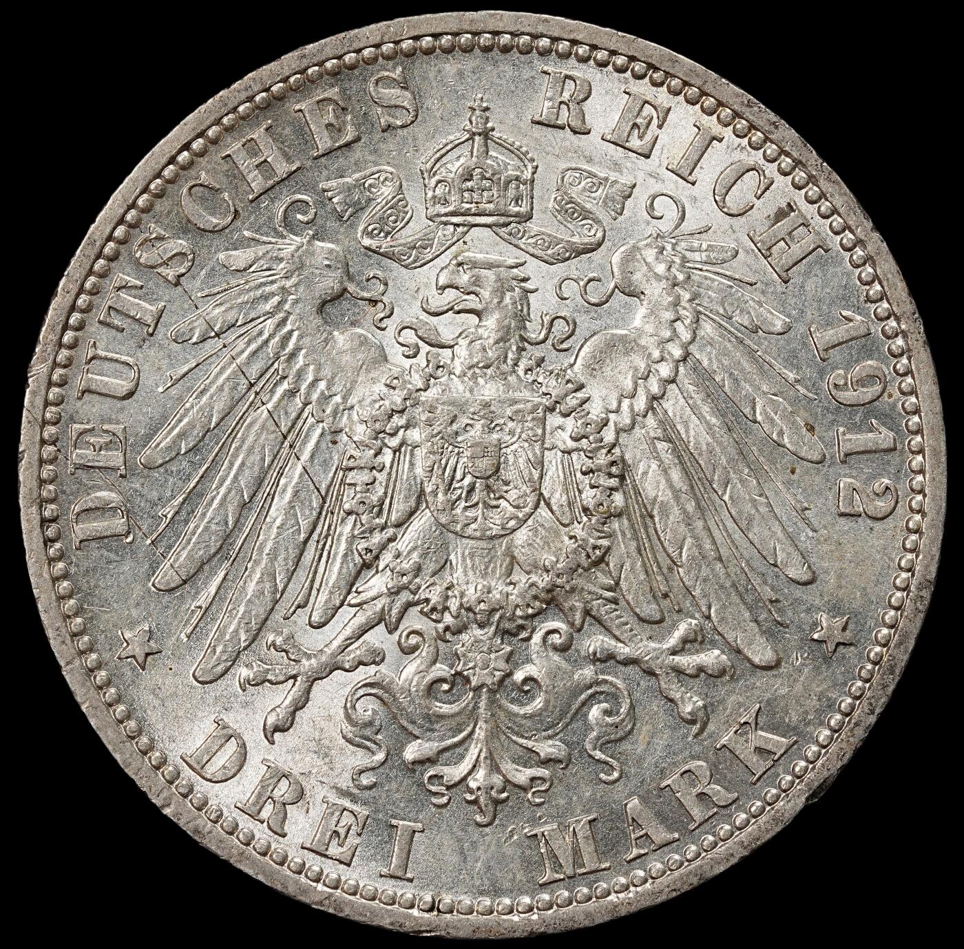 修遠堂世界钱币第九十一期 1912年普鲁士3马克银币 鹰面有划痕 原光