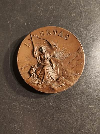 老王徽章第160期 -  瑞士1895年贝林佐纳州自由射击赛大铜章     直径44mm.    重量47.4g