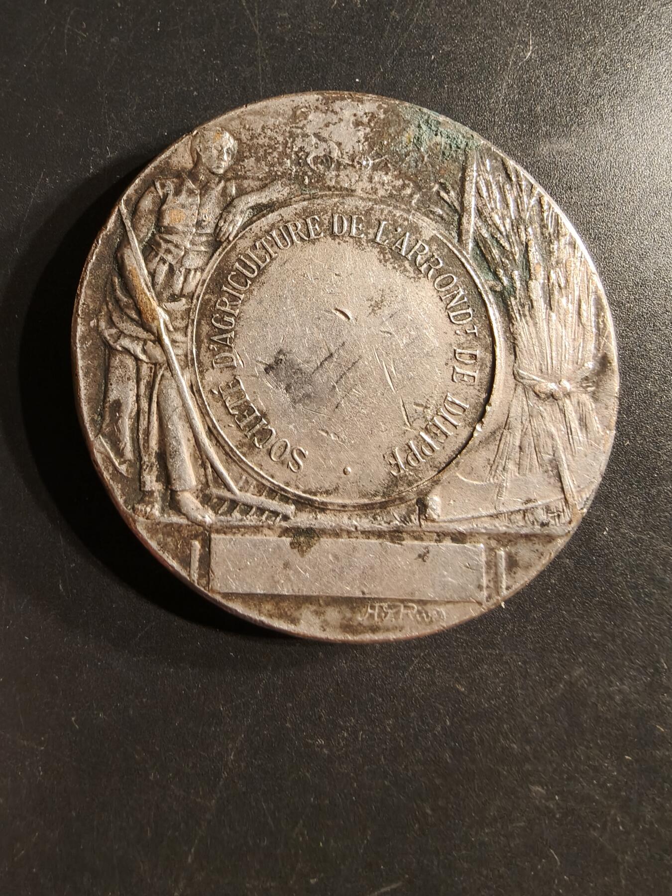 老王徽章第160期  法国迪耶普区农业协会镀银大铜章     直径50mm.   重量56.2g