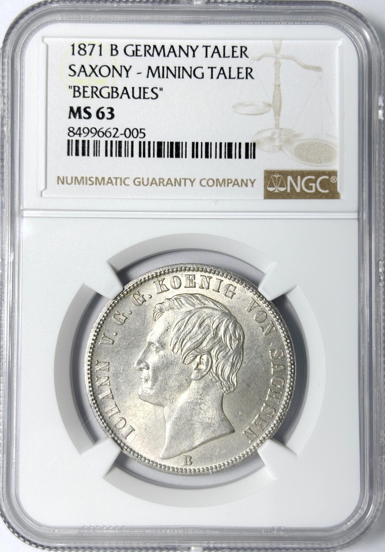 【雨安】【世界币章112-113期】周五/周六 两场连拍 2025-11-01 周六 19:30 保真 8秒倒数自动落锤 高效拍卖 [评级德国] Germany 德国 德意志 1泰勒 Saxony萨克森 Thun.350 (1868-1871) 矿业 1871年 NGC-MS63 粉光 同一老藏家精选萨克森经典泰勒收藏