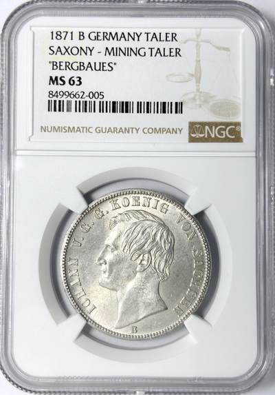 【雨安】【世界币章112-113期】周五/周六 两场连拍 2025-11-01 周六 19:30 保真 8秒倒数自动落锤 高效拍卖 - [评级德国] Germany 德国 德意志 1泰勒 Saxony萨克森 Thun.350 (1868-1871) 矿业 1871年 NGC-MS63 粉光 同一老藏家精选萨克森经典泰勒收藏