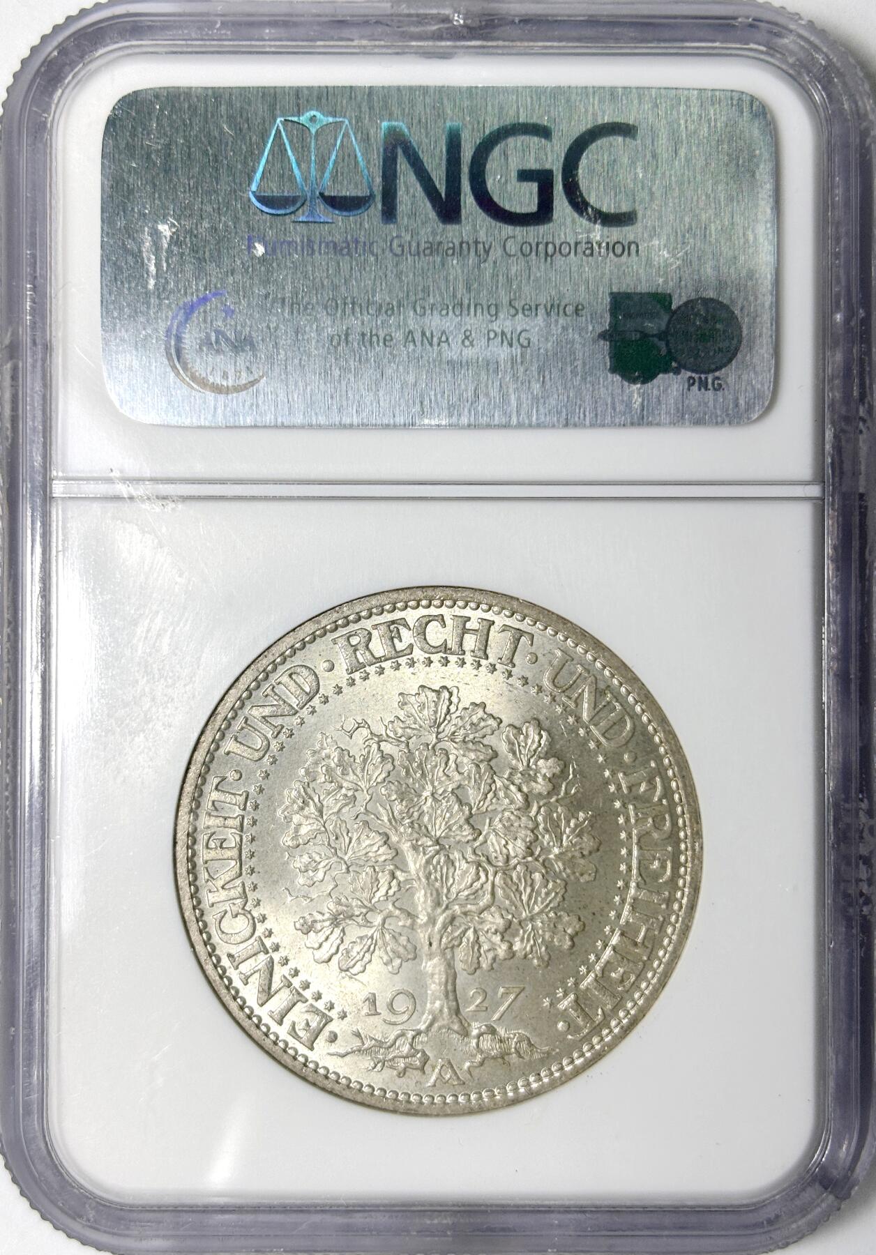 【雨安】【世界币章112-113期】周五/周六 两场连拍 2025-11-01 周六 19:30 保真 8秒倒数自动落锤 高效拍卖 [评级德国] Germany 德国 魏玛 5马克 KM#56 橡树 1927年 NGC-MS66