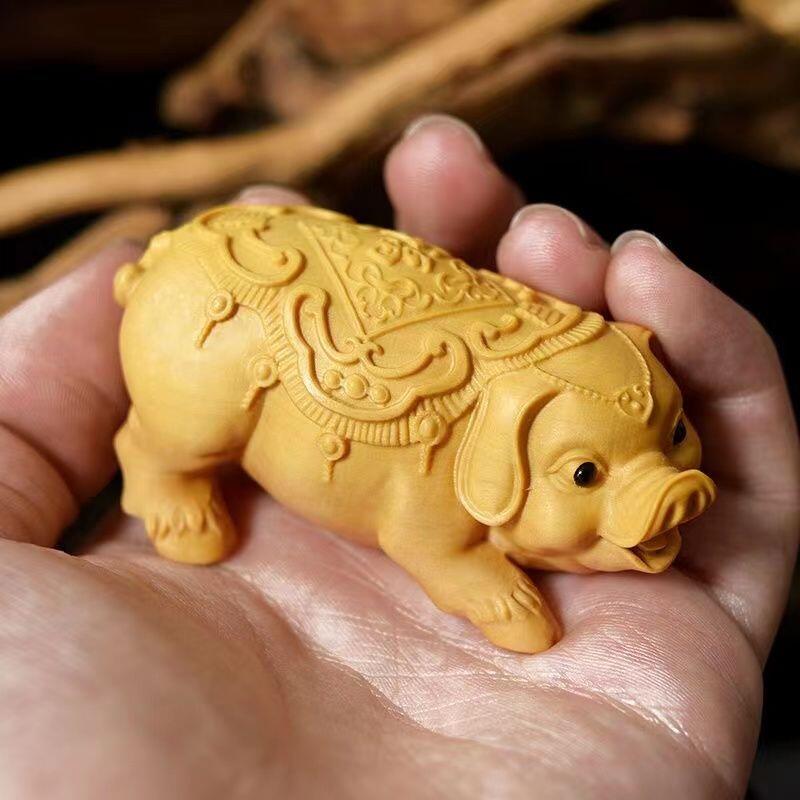 听雨轩（14）木雕 崖柏木雕刻生肖猪福喜可爱手把件 7cm