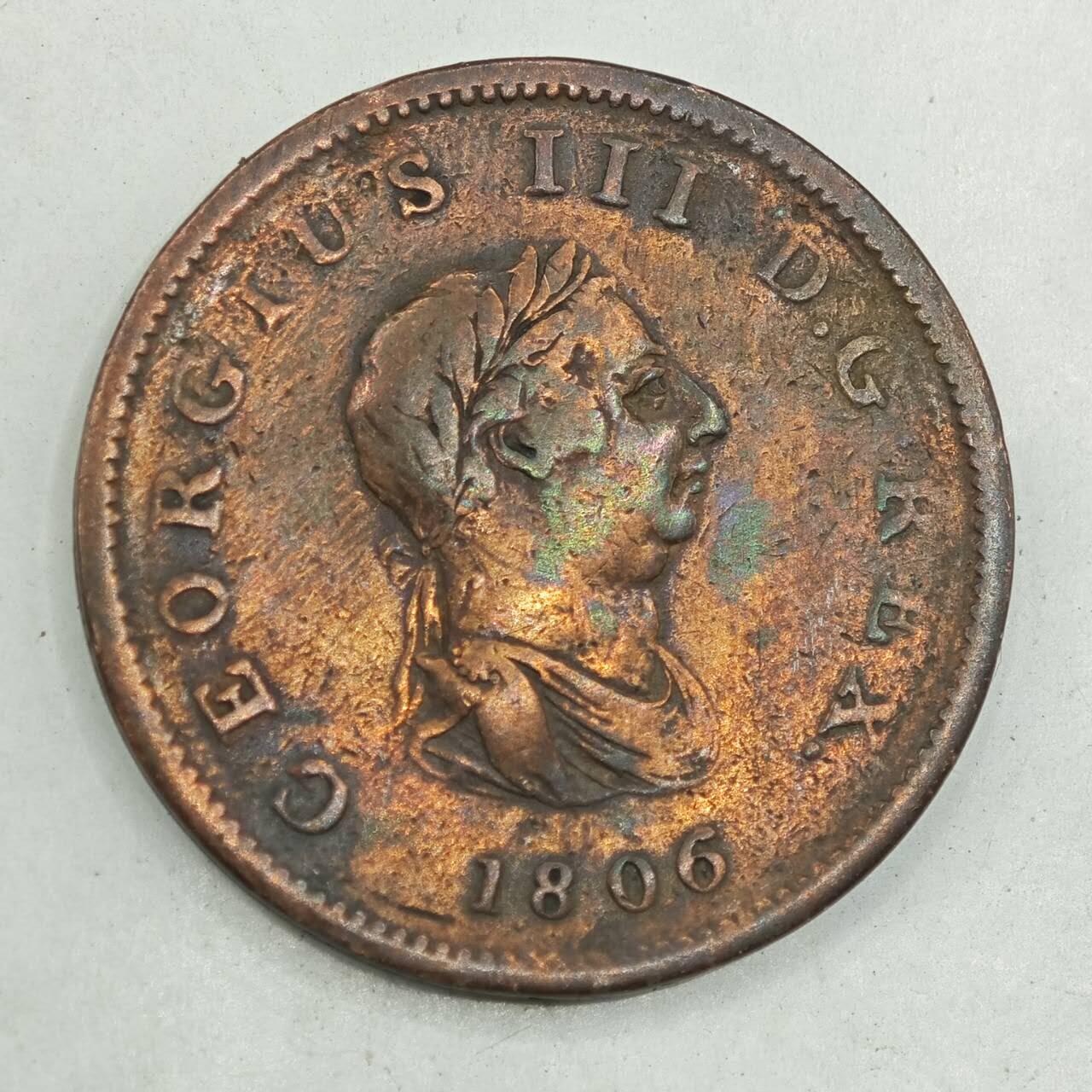 【淘币小摊】限时拍第七百八十四拍  老铜币场  满百包邮可预留两周  周一统一发货  英国1806年乔治三世半便士铜币