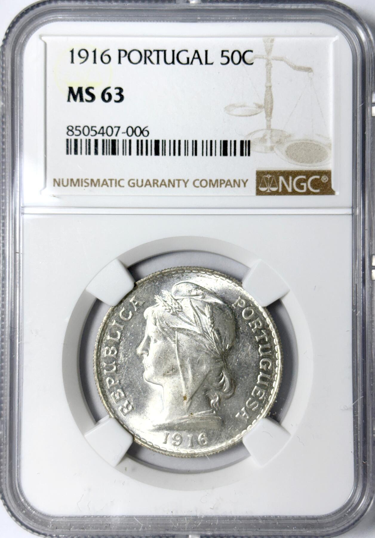 【雨安】【世界币章112-113期】周五/周六 两场连拍 2025-11-01 周六 19:30 保真 8秒倒数自动落锤 高效拍卖 [评级欧洲] Portugal 葡萄牙 共和国 50分 1916年 NGC-MS63