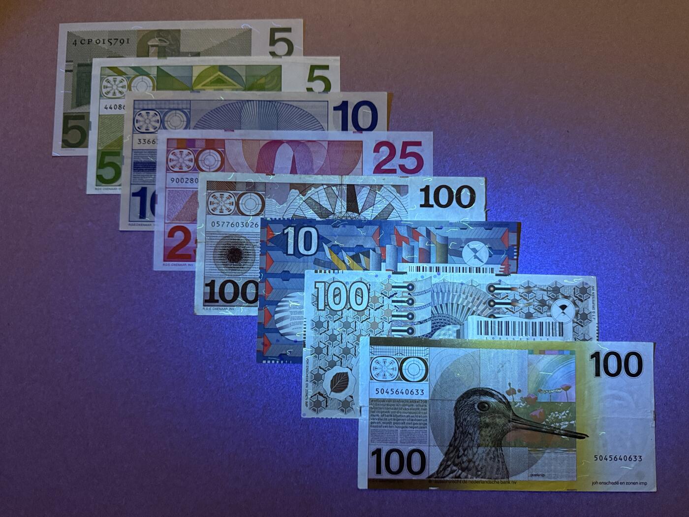 《艾美收藏》第218期-11.2周日外币荟萃 荷兰盾8张 人像、齿轮、水鸟 流通品相  汇率约人民币1500元