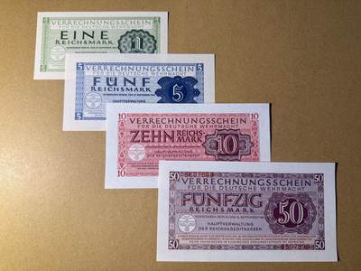 《艾美收藏》第218期-11.2周日外币荟萃 - 德国1、5、10、50马克4张 UNC 1944年 德国国防军帝国马克