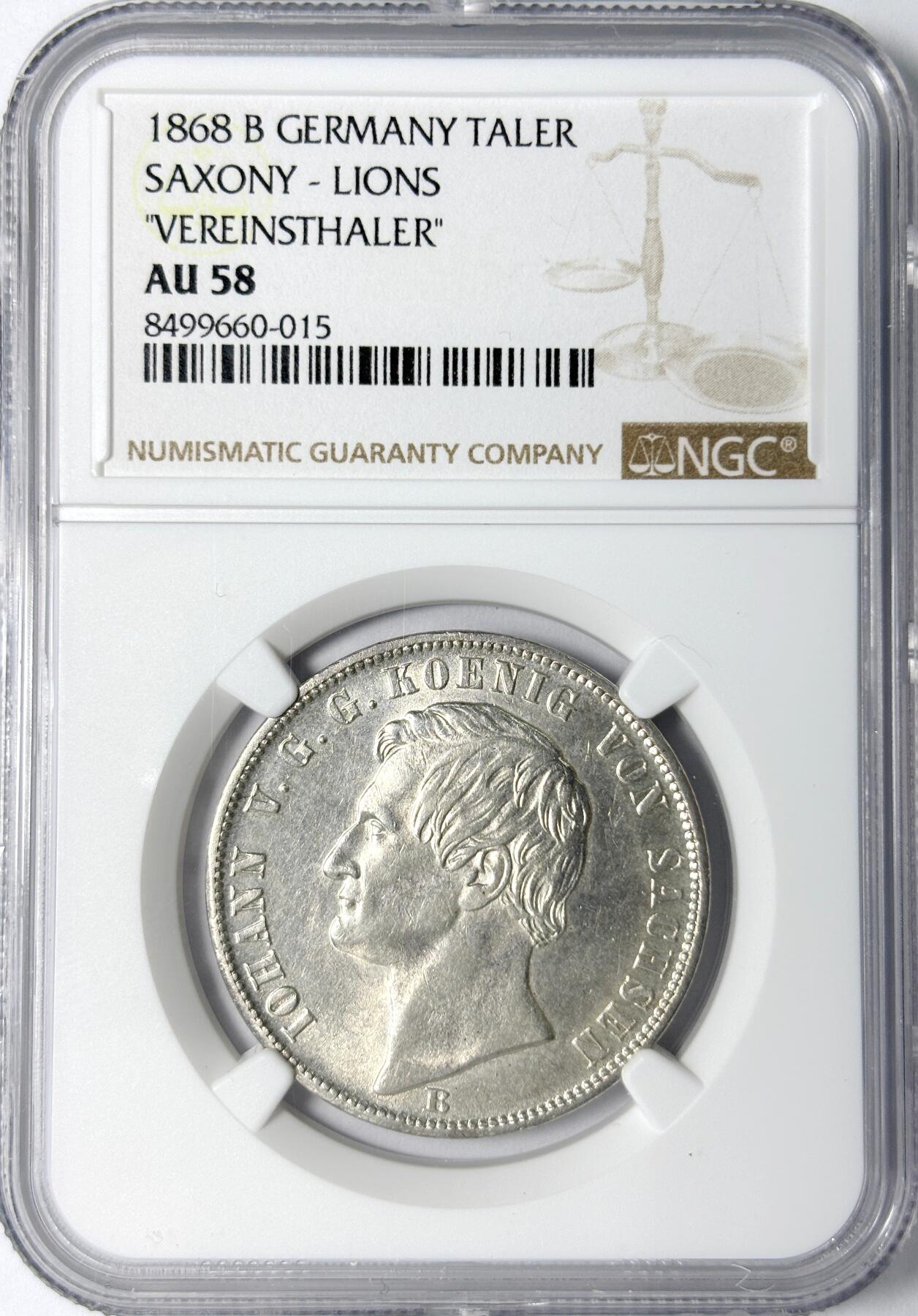 【雨安】【世界币章112-113期】周五/周六 两场连拍 2025-11-01 周六 19:30 保真 8秒倒数自动落锤 高效拍卖 [评级德国] Germany 德国 德意志 1泰勒 Saxony萨克森 Thun.348 KM#1214 (1861-1871) 双狮.内圈 1868年 NGC-AU58 同一老藏家精选萨克森经典泰勒收藏