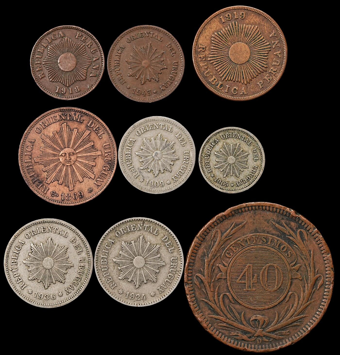 修遠堂世界钱币第九十一期 秘鲁，乌拉圭旧钱币一组