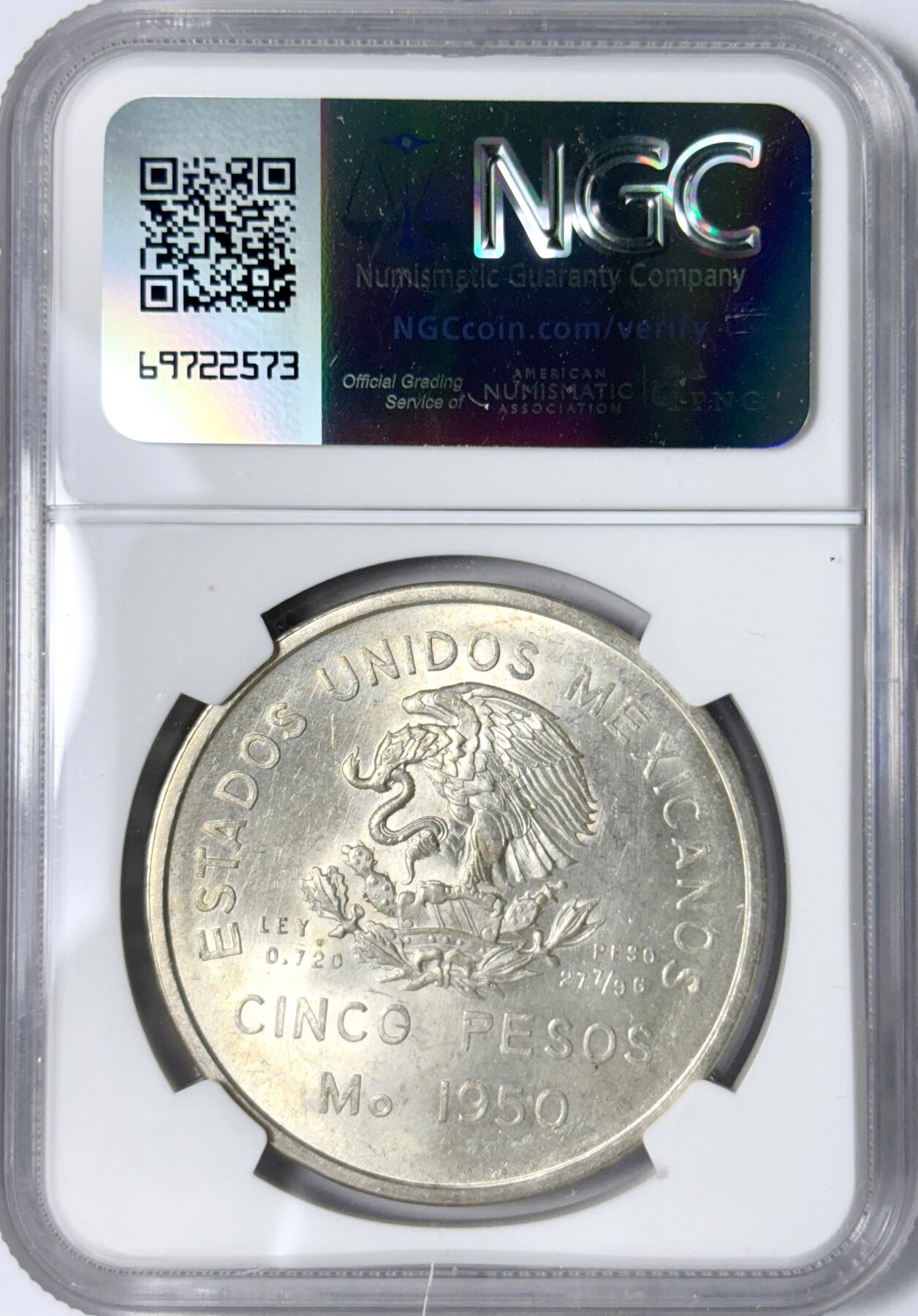 【雨安】【世界币章112-113期】周五/周六 两场连拍 2025-11-01 周六 19:30 保真 8秒倒数自动落锤 高效拍卖 [评级美洲] Mexico 墨西哥 5比索 1950年 NGC-MS64