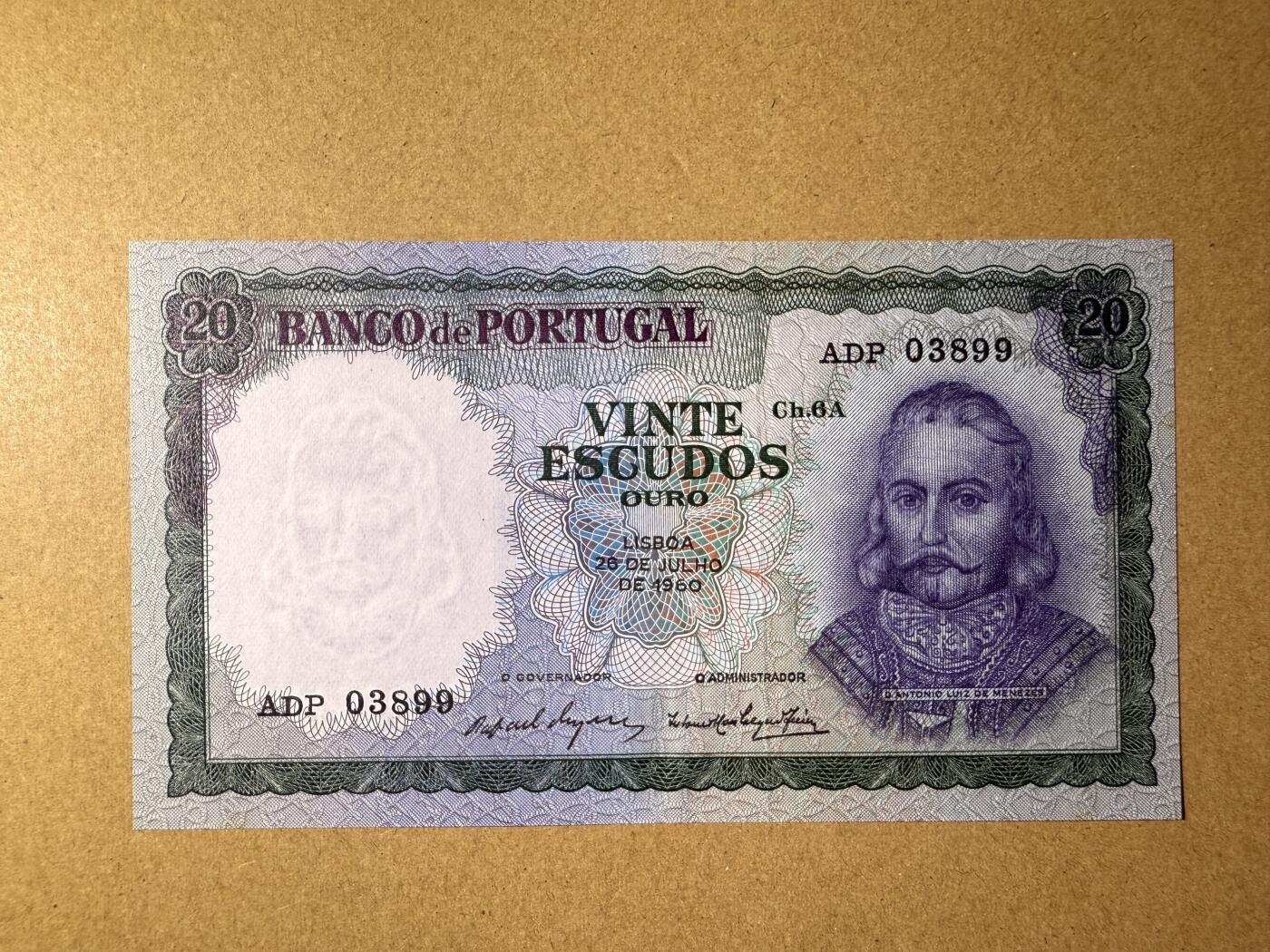 《艾美收藏》第218期-11.2周日外币荟萃 葡萄牙20埃斯库多 UNC 1960年老版本 边缘轻微荧光 无47双尾