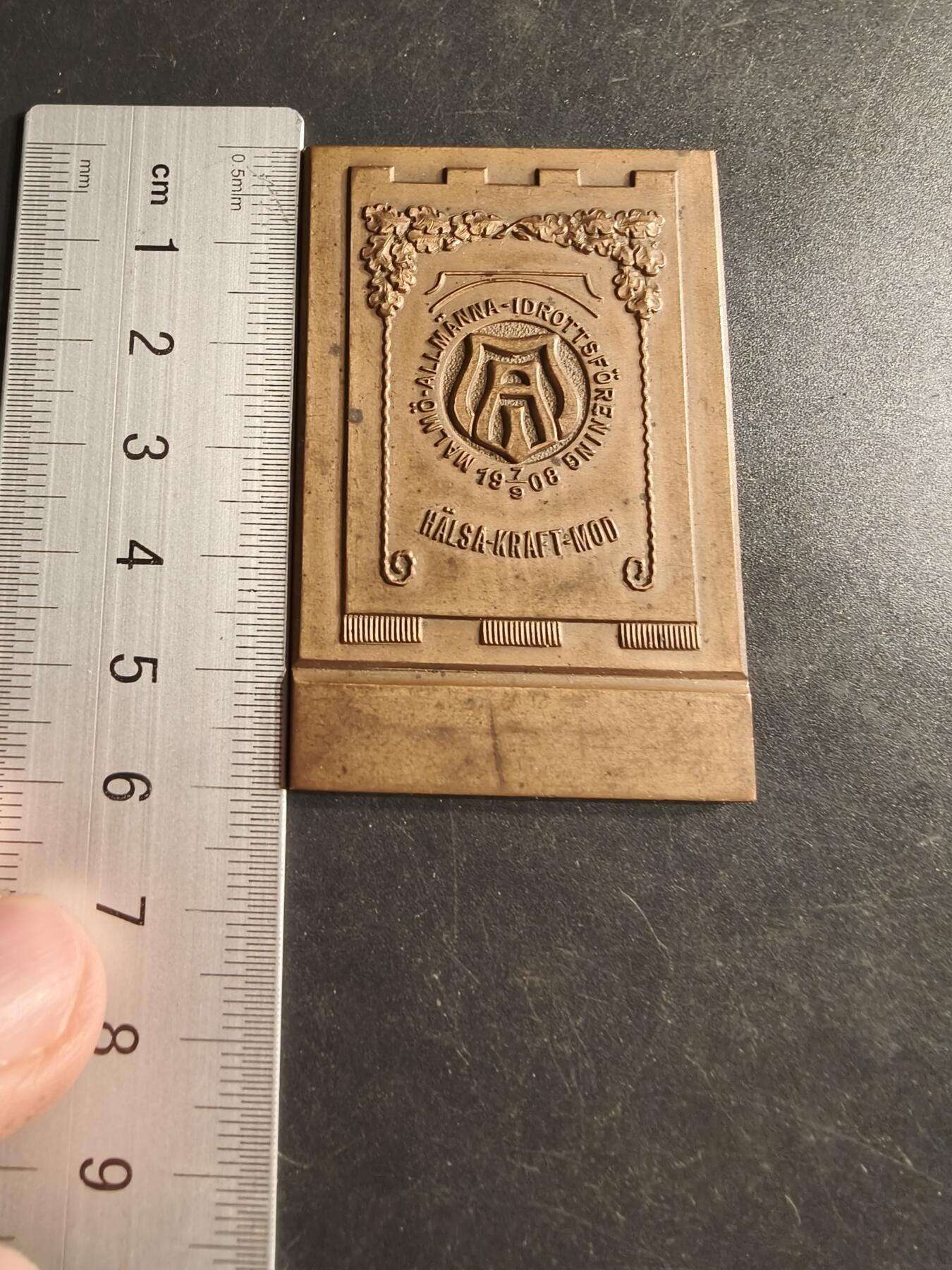 老王徽章第160期 瑞典马尔默体育协会方形大铜章     尺寸60×40mm.   重量45.8g